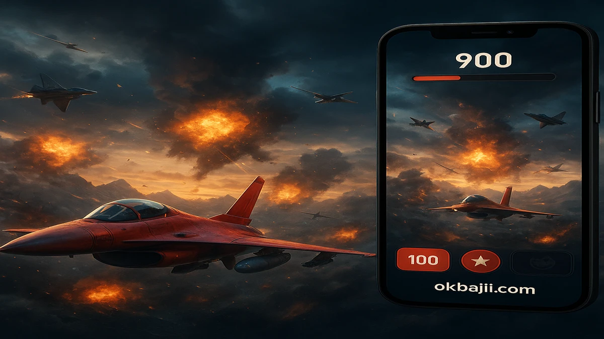 ok baji-র Aviator গেমটির প্রচারণামূলক ছবি, যেখানে একটি লাল প্রপেলার বিমান বিস্ফোরণময় নৈসর্গিক দৃশ্যের ওপর উড়ছে, ডান পাশে মোবাইল গেম ইন্টারফেসটি দেখা যায়।